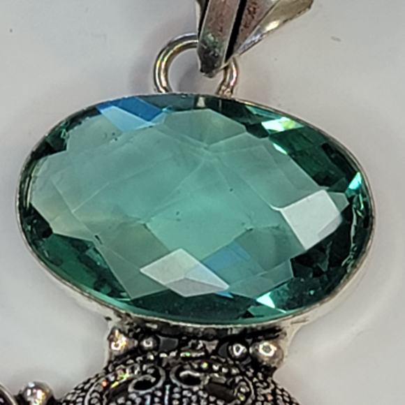 Sterling Silver Pendant with Red Carved Face, Green Gemstone, and Purple Rose - Picture 9 of 12